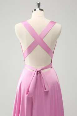 Rosa A Line V-Neck Backless vestido de dama de honra com fenda