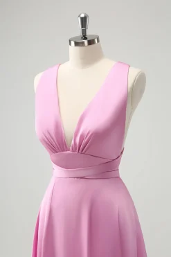 Rosa A Line V-Neck Backless vestido de dama de honra com fenda