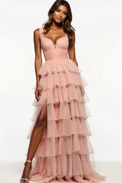 Rosa A Line V-Neck Ruffles Tiered Organza Prom Dress