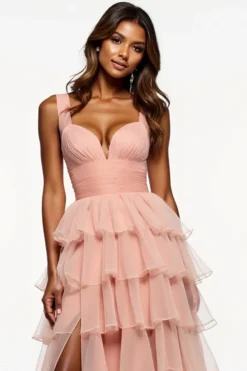 Rosa A Line V-Neck Ruffles Tiered Organza Prom Dress