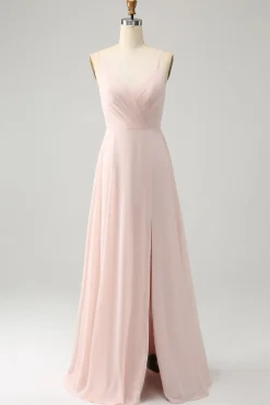 Rosa A Linha V Pescoço Chiffon Vestido Longo Madrinha com Fenda