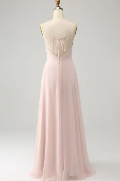 Rosa A Linha V Pescoço Chiffon Vestido Longo Madrinha com Fenda