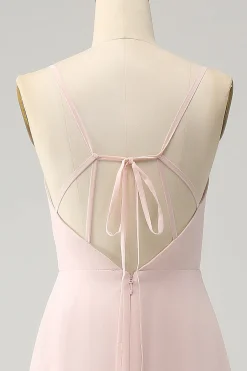 Rosa A Linha V Pescoço Chiffon Vestido Longo Madrinha com Fenda