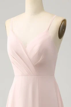 Rosa A Linha V Pescoço Chiffon Vestido Longo Madrinha com Fenda