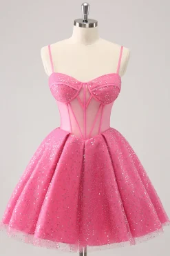 Rosa A-Line Espaghetti Correias Corset Cocktail Dress com Sequins