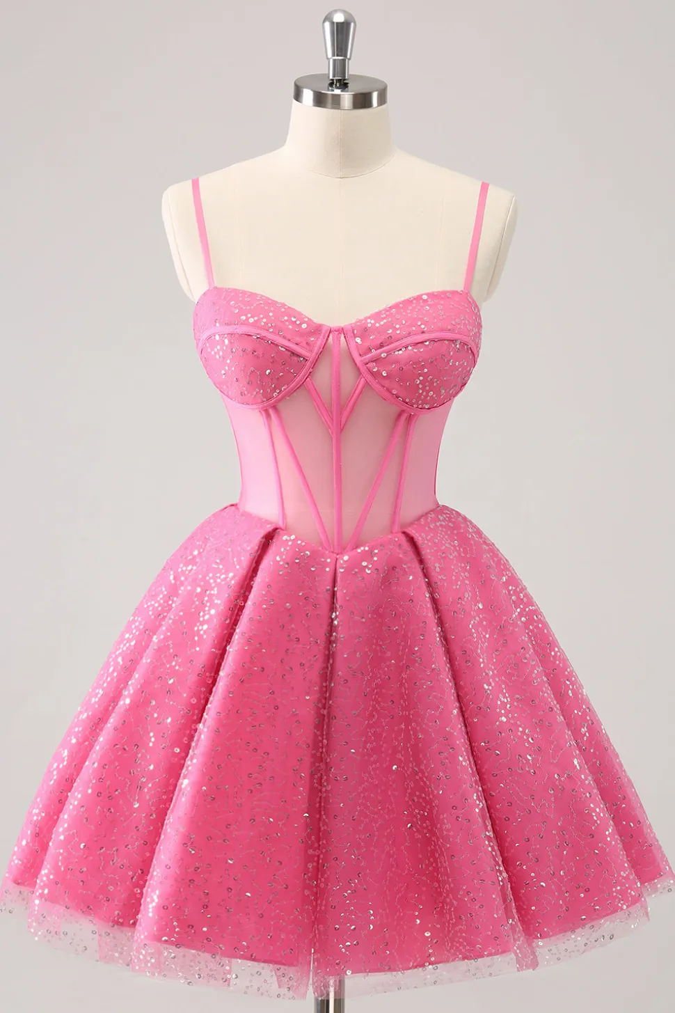 Rosa A-Line Espaghetti Correias Corset Cocktail Dress com Sequins