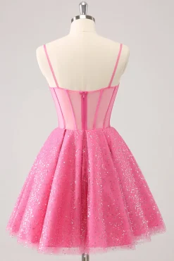 Rosa A-Line Espaghetti Correias Corset Cocktail Dress com Sequins