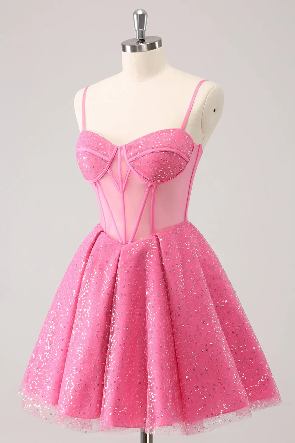 Rosa A-Line Espaghetti Correias Corset Cocktail Dress com Sequins