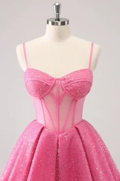 Rosa A-Line Espaghetti Correias Corset Cocktail Dress com Sequins