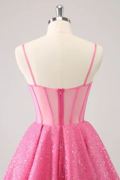 Rosa A-Line Espaghetti Correias Corset Cocktail Dress com Sequins