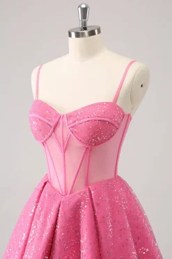 Rosa A-Line Espaghetti Correias Corset Cocktail Dress com Sequins