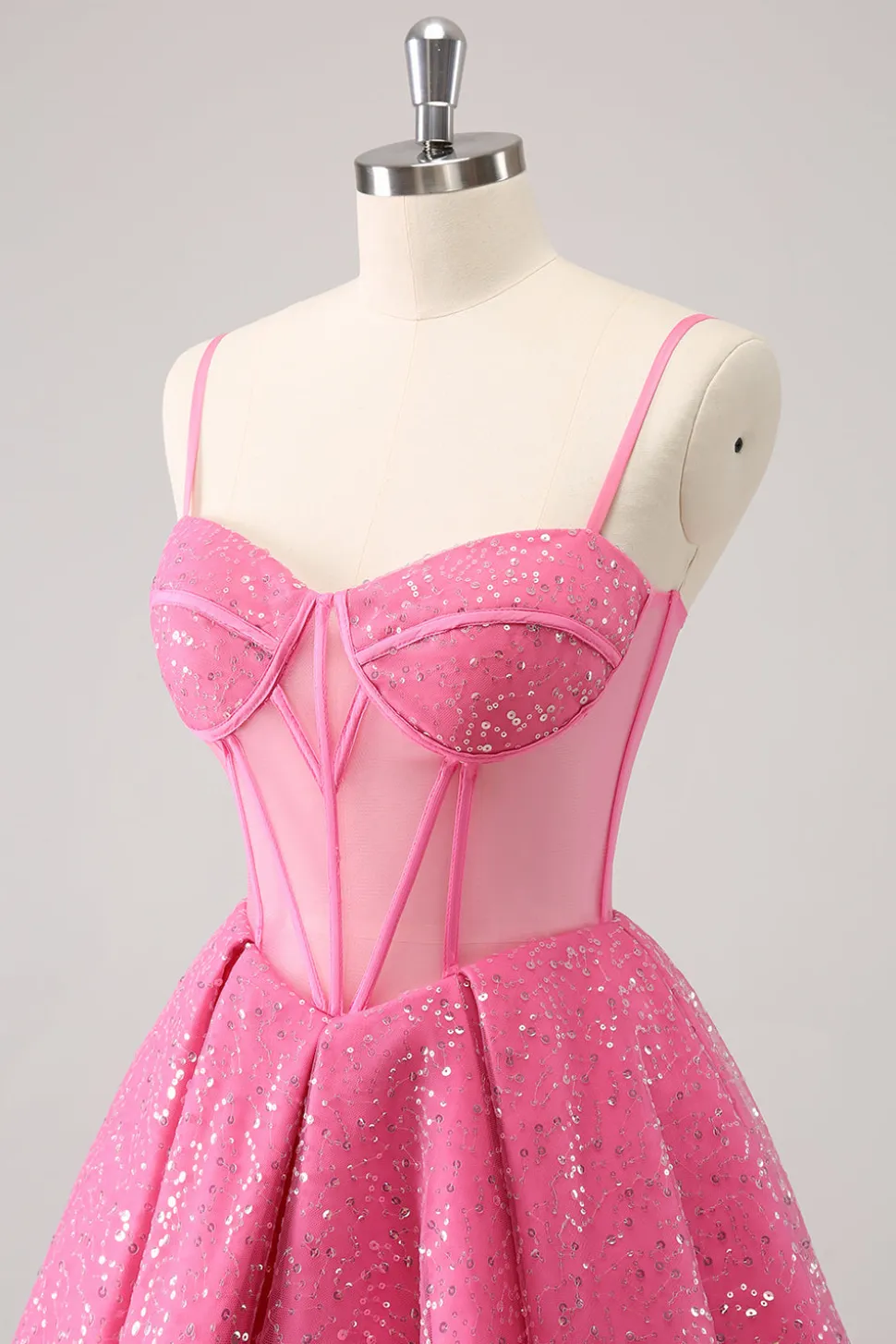 Rosa A-Line Espaghetti Correias Corset Cocktail Dress com Sequins