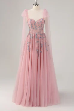 Rosa A-Line Long Prom Dress com Apliques