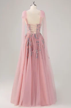 Rosa A-Line Long Prom Dress com Apliques
