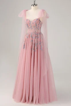 Rosa A-Line Long Prom Dress com Apliques