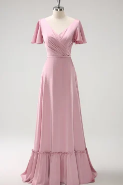Rosa A-Line Ruffle Wrap mangas curtas longo cetim vestido de dama de honra