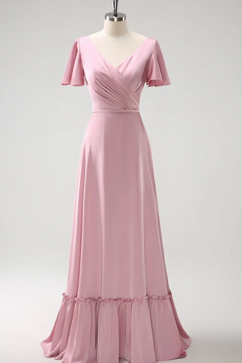 Rosa A-Line Ruffle Wrap mangas curtas longo cetim vestido de dama de honra