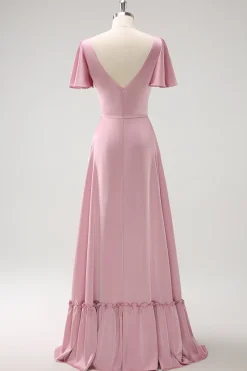 Rosa A-Line Ruffle Wrap mangas curtas longo cetim vestido de dama de honra