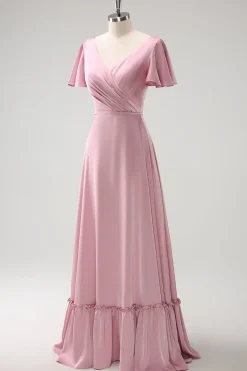 Rosa A-Line Ruffle Wrap mangas curtas longo cetim vestido de dama de honra