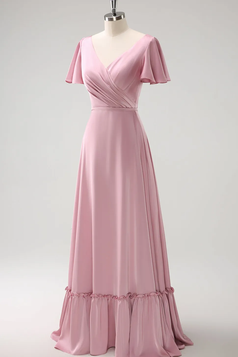 Rosa A-Line Ruffle Wrap mangas curtas longo cetim vestido de dama de honra