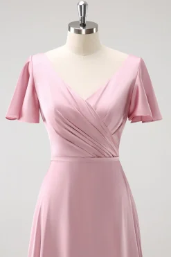 Rosa A-Line Ruffle Wrap mangas curtas longo cetim vestido de dama de honra