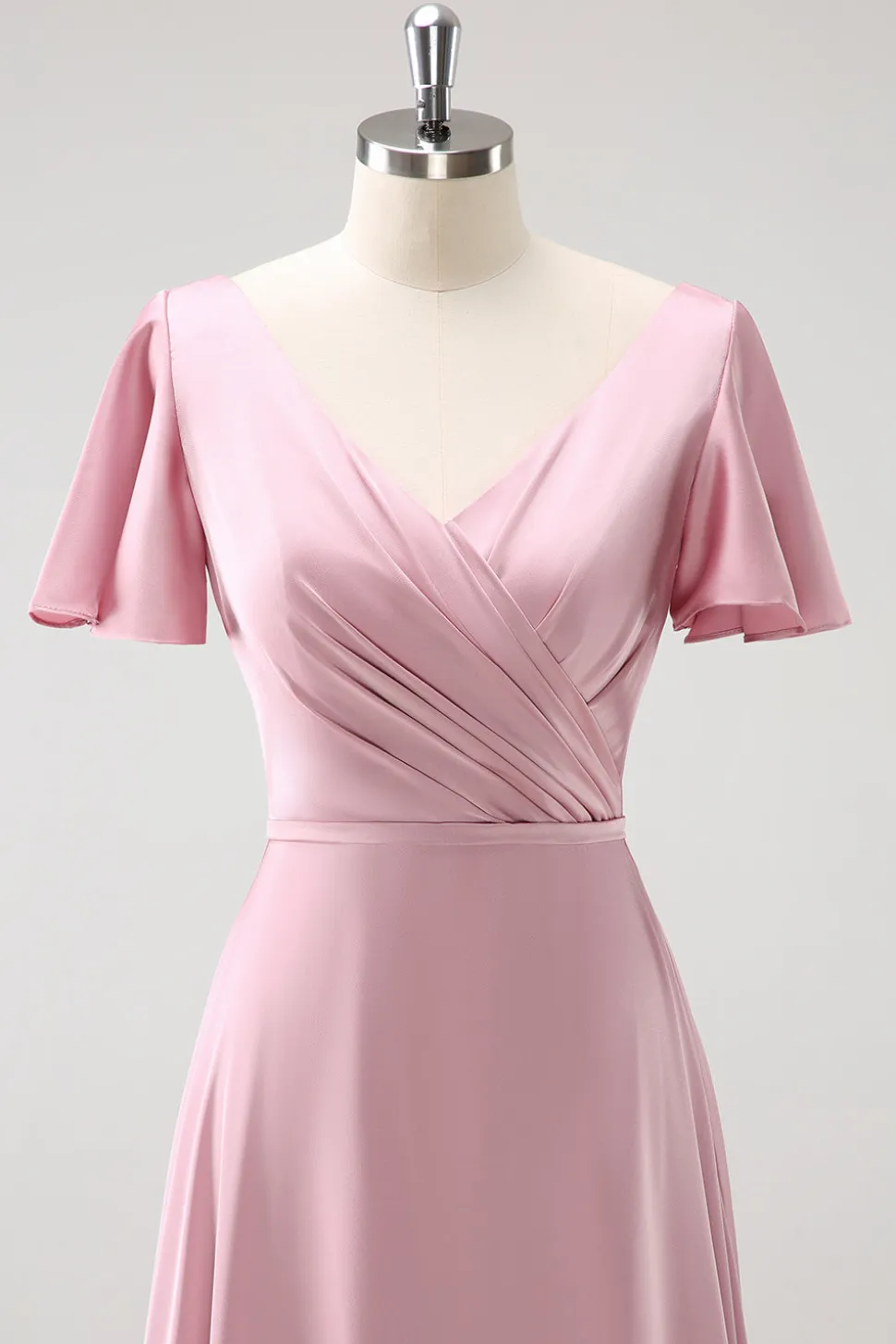 Rosa A-Line Ruffle Wrap mangas curtas longo cetim vestido de dama de honra