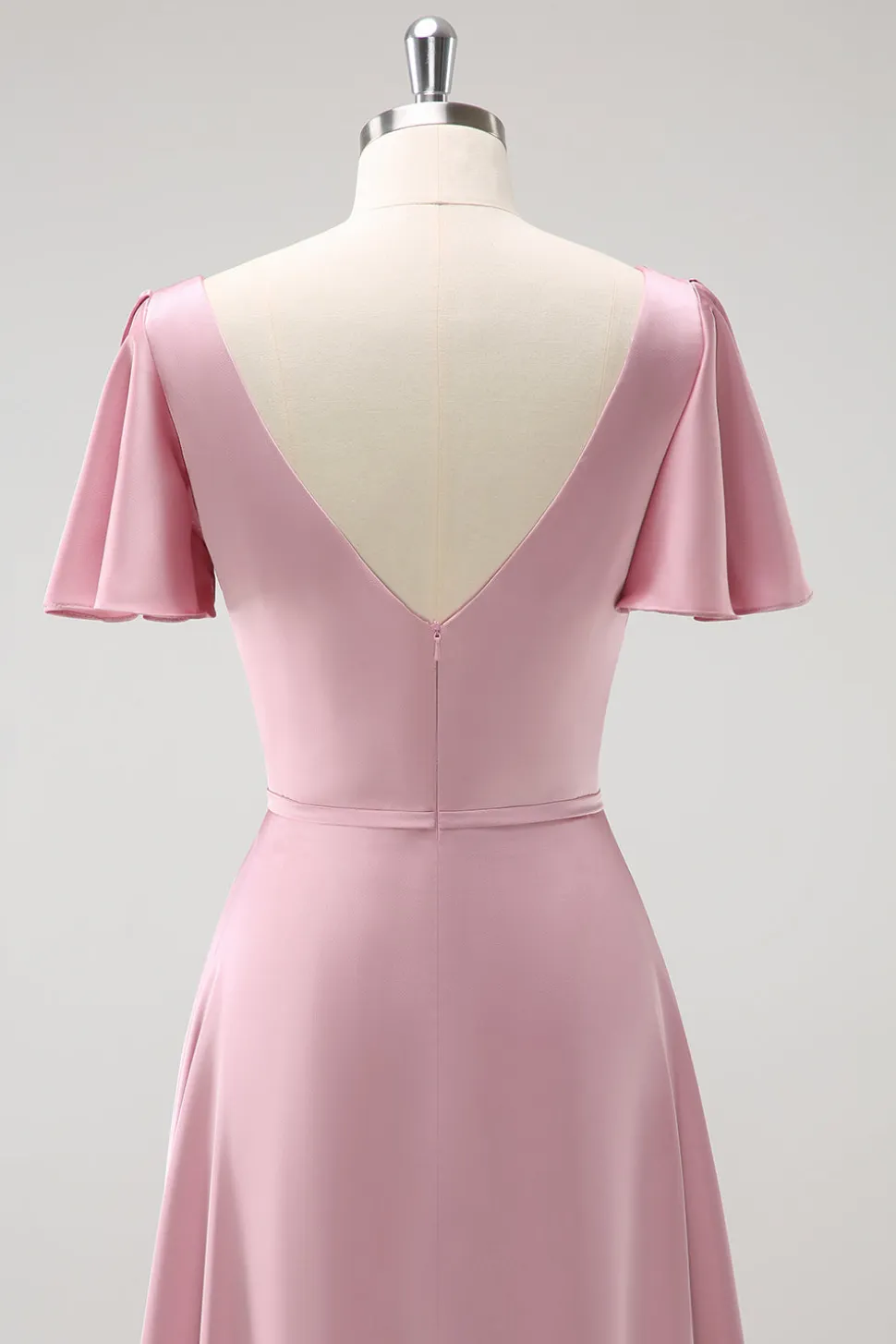 Rosa A-Line Ruffle Wrap mangas curtas longo cetim vestido de dama de honra