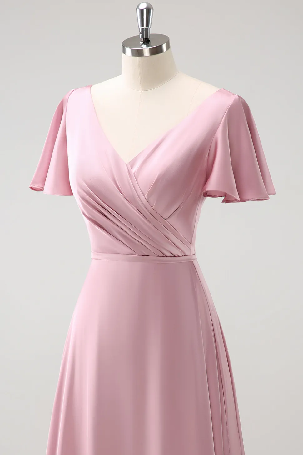 Rosa A-Line Ruffle Wrap mangas curtas longo cetim vestido de dama de honra