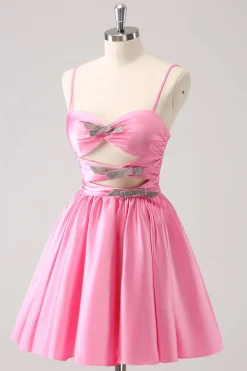 Rosa A-Line Spaghetti Straps plissado Homecoming Dress com Keyhole