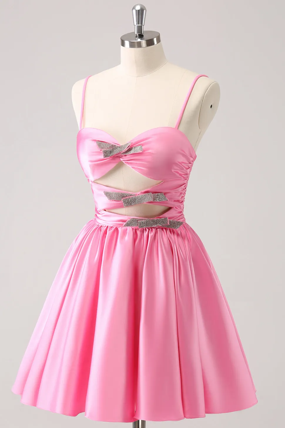Rosa A-Line Spaghetti Straps plissado Homecoming Dress com Keyhole