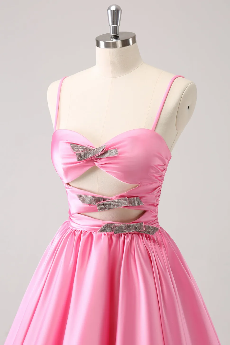 Rosa A-Line Spaghetti Straps plissado Homecoming Dress com Keyhole