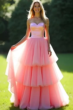 Rosa A-Line Strapless Ruffles Tulle Long Prom Dress