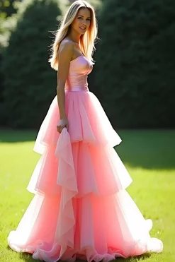 Rosa A-Line Strapless Ruffles Tulle Long Prom Dress