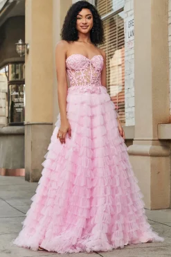Rosa A-Line Strapless Tiered Long Corset Prom Dress com renda