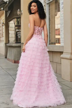 Rosa A-Line Strapless Tiered Long Corset Prom Dress com renda