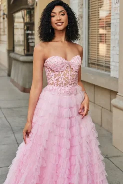 Rosa A-Line Strapless Tiered Long Corset Prom Dress com renda
