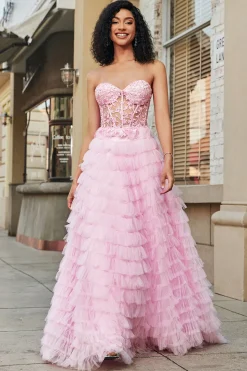 Rosa A-Line Strapless Tiered Long Corset Prom Dress com renda