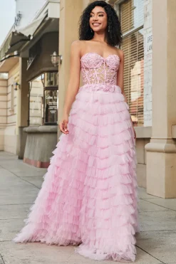 Rosa A-Line Strapless Tiered Long Corset Prom Dress com renda