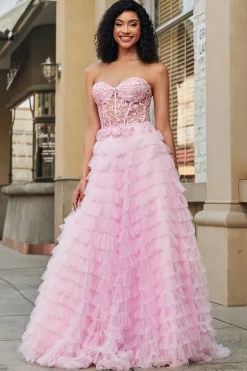 Rosa A-Line Strapless Tiered Long Corset Prom Dress com renda