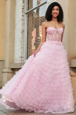 Rosa A-Line Strapless Tiered Long Corset Prom Dress com renda