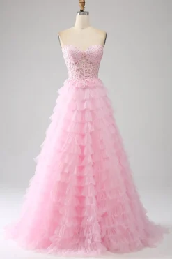 Rosa A-Line Strapless Tiered Long Corset Prom Dress