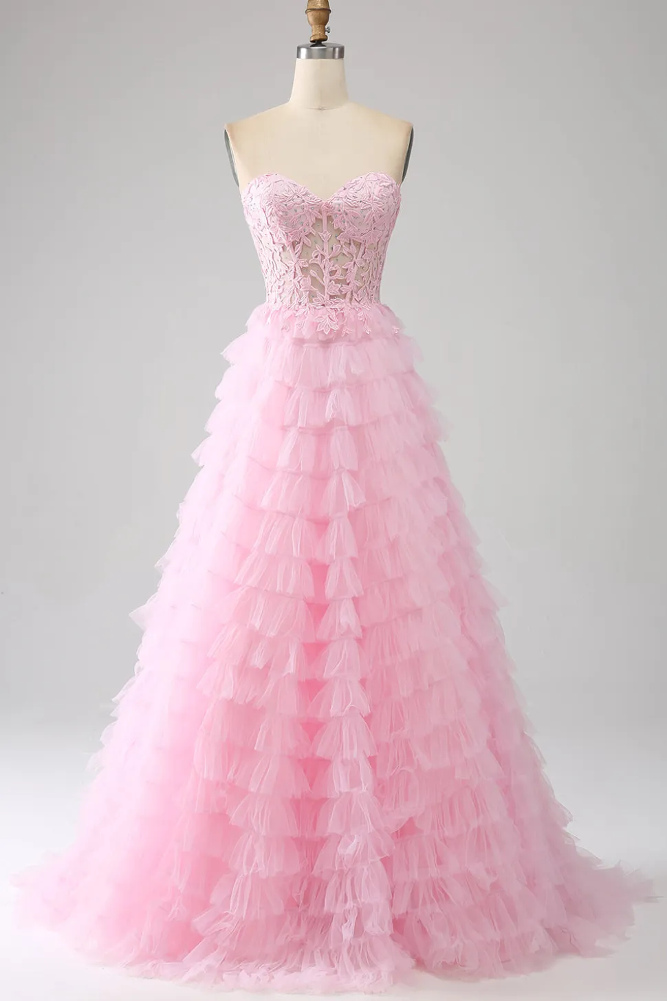 Rosa A-Line Strapless Tiered Long Corset Prom Dress