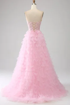 Rosa A-Line Strapless Tiered Long Corset Prom Dress