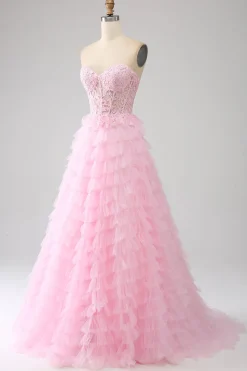Rosa A-Line Strapless Tiered Long Corset Prom Dress