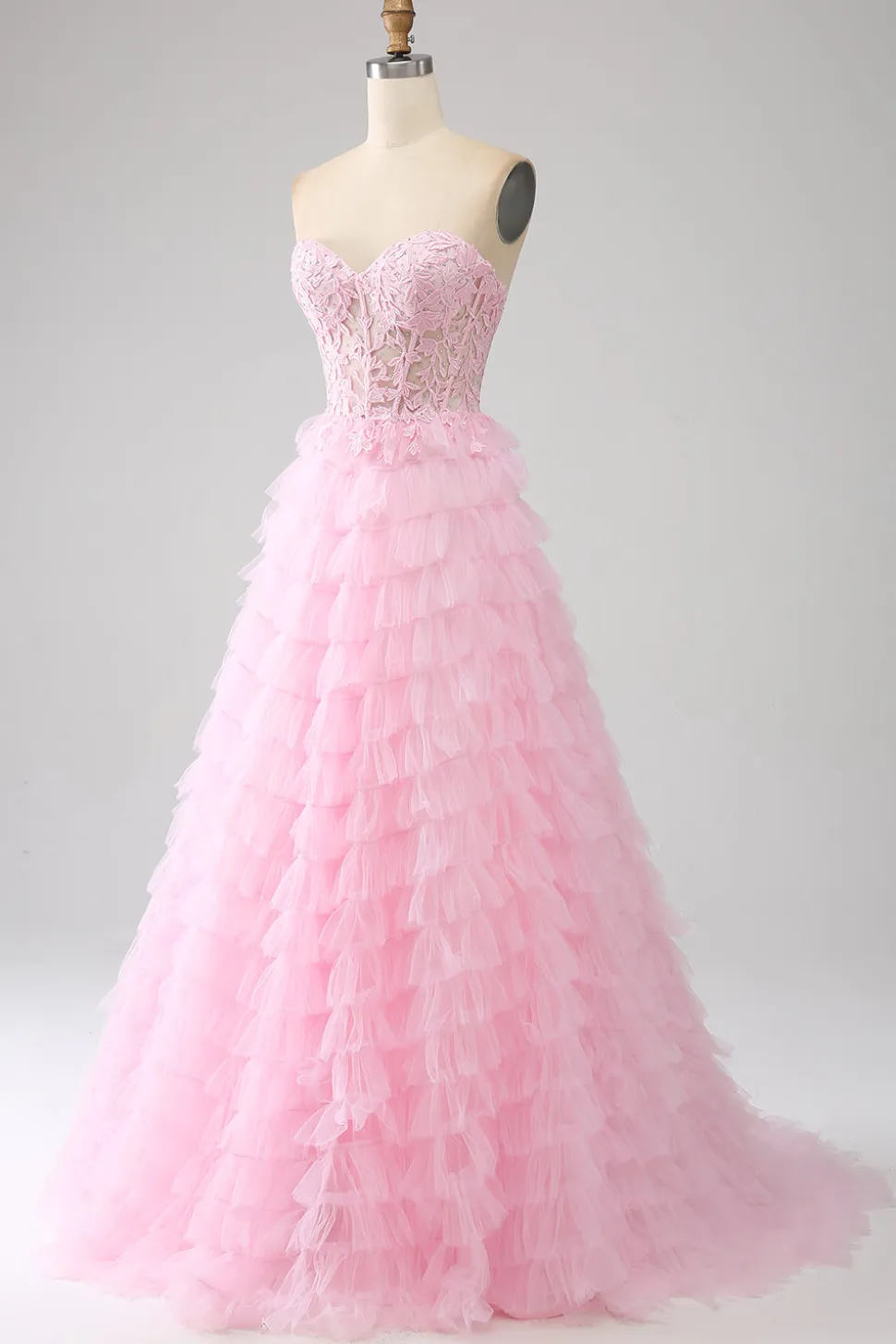 Rosa A-Line Strapless Tiered Long Corset Prom Dress