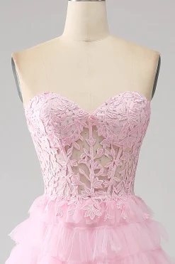 Rosa A-Line Strapless Tiered Long Corset Prom Dress