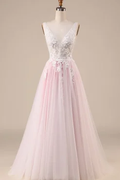 Rosa A-Line Tule Vestido de Noiva Com Apliques