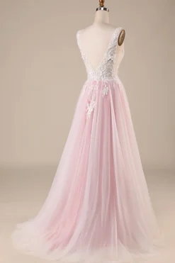 Rosa A-Line Tule Vestido de Noiva Com Apliques