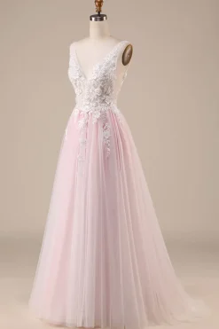 Rosa A-Line Tule Vestido de Noiva Com Apliques