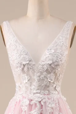 Rosa A-Line Tule Vestido de Noiva Com Apliques